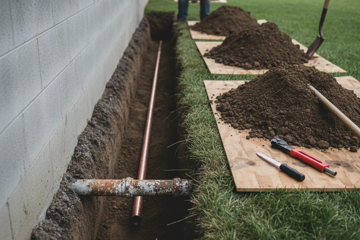 Excavated water line trench during Sewer Line Repair in Ripon